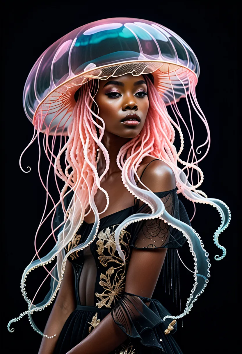 photo RAW, (Black and pink : Portrait of a black woman with hat ghostly jellyfish, shiny aura, highly detailed, gold filigree, intricate motifs, organic tracery, by Android jones, Januz Miralles, Hikari Shimoda, glowing stardust by W. Zelmer, perfect compo...