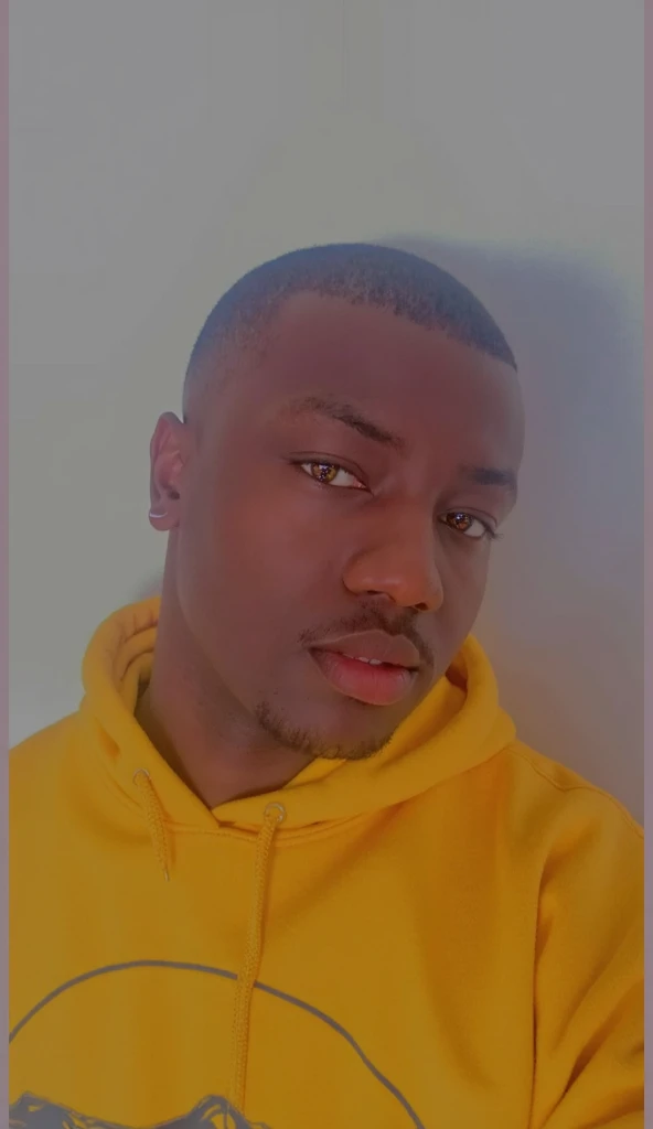 Photo realistic, semi realistic human African American young handsome man, with a scar on his right eye , yellow eyes