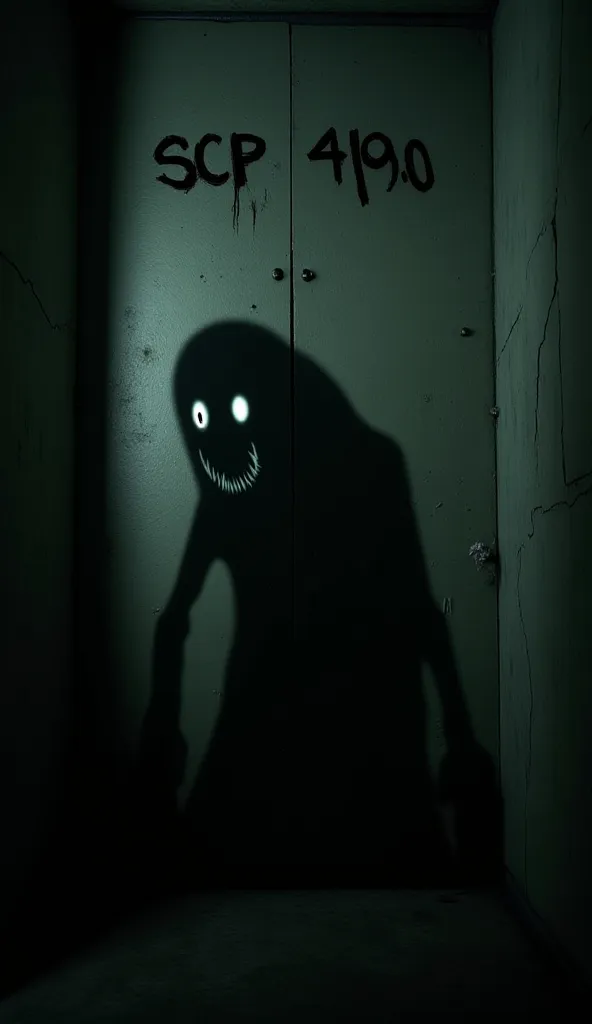 "A menacing SCP entity labeled 'SCP-4190 – The Shadow Lurker,' barely visible in the pitch-black darkness of an abandoned bunker. Its form is an amorphous, shifting shadow with glowing white eyes and a jagged, fanged mouth that flickers in and out of exist...