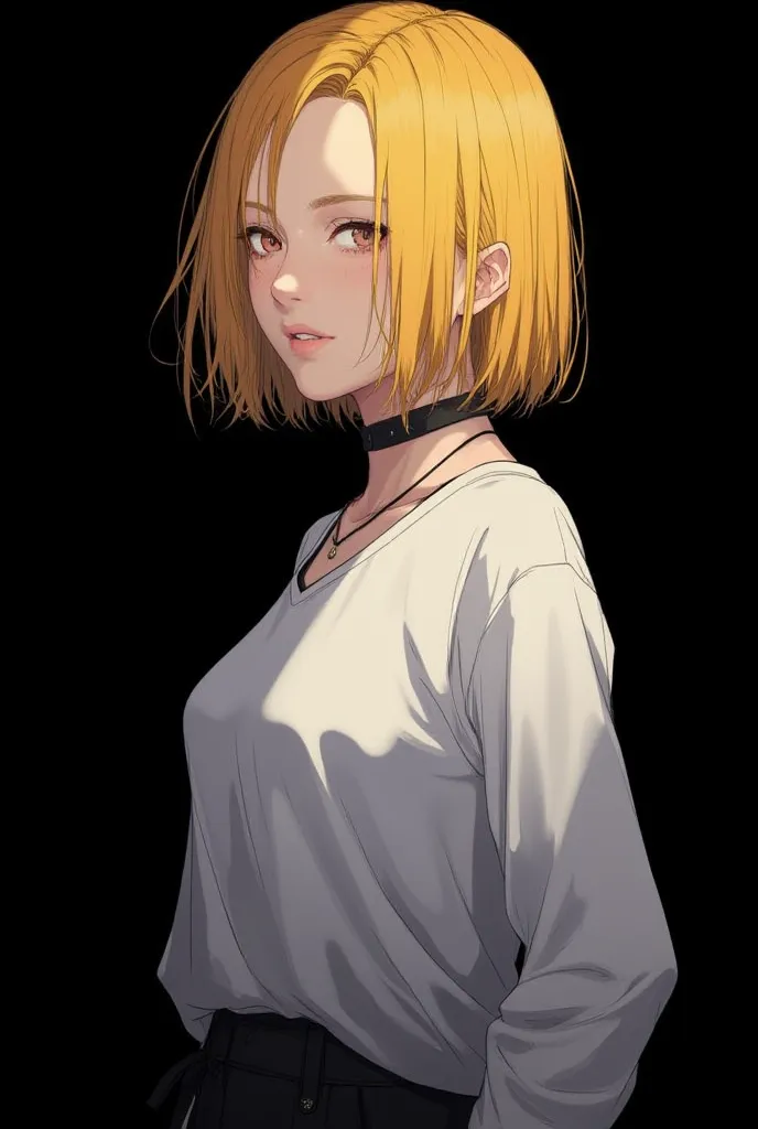 Pretty woman wears a white long sleeve t-shirt,  She wears black pants ,She is very beautiful  ,She has messy short yellow hair, She has peanut-colored eyes,ela tem piercing no nariz na boca .


Wallpaper, anime, HD,wallpaper , black background, medieval .