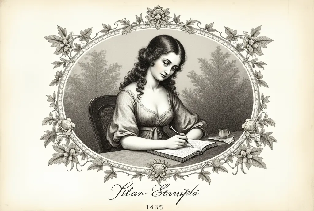 A vintage 18th-century etching-style illustration.
Woman writing a letter，Dated 1835 in Europa.
The detailed linework captures the delicate shading and intricate foliage, characteristic of classical European engravings. The artwork is monochrome with a sof...