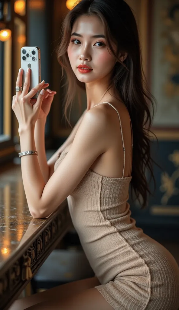 The image features a young sexy asian woman posing for a photo in a dimly lit room. She is wearing a form-fitting beige dress with intricate patterns, giving the fabric a textured look while accentuating her figure. Her skin appears smooth, and her makeup ...