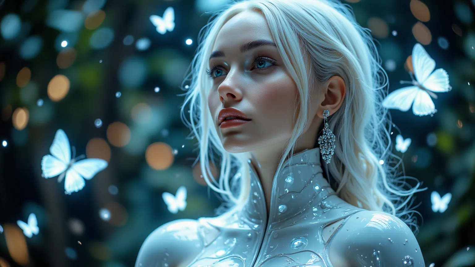 A lovely, futuristic girl with flawless, porcelain-like skin and luminous eyes, standing in a sci-fi wonderland filled with gentle holographic butterflies. She wears a high-tech yet elegant outfit, made of smooth, glowing fabric that adapts to her every mo...