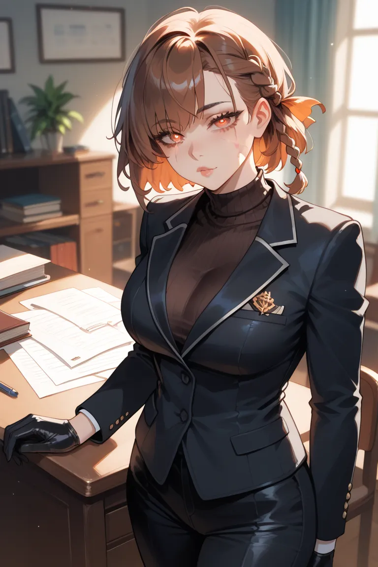 Older woman, beautiful, sharp features, cold gaze, siren eyes, red-orange eyes, blue color around pupil, lighter brown hair color, short hair above shoulders, bangs on eye level, one side held together with a small braid, tiny braid in hair, cheek scar on ...