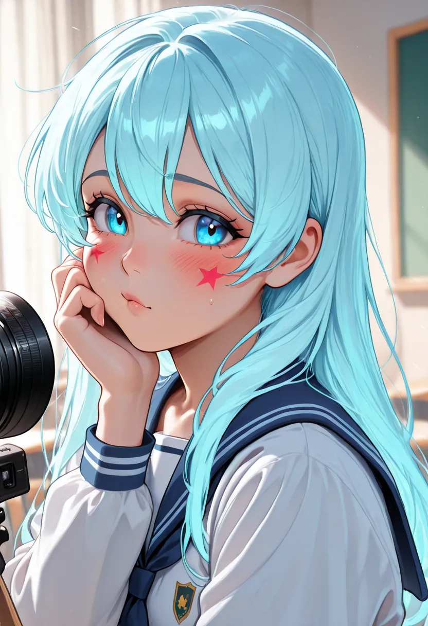 a girl with long light blue hair, bright blue eyes,  blush on her cheeks , in a school, look at the camera.