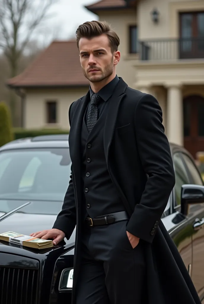 A 25 year old man with coat suit and with muscular body and standing aside on new rolls royce ghost and a lotsof money on the car hood and the background in a big house , picture took from 50 mitre away

