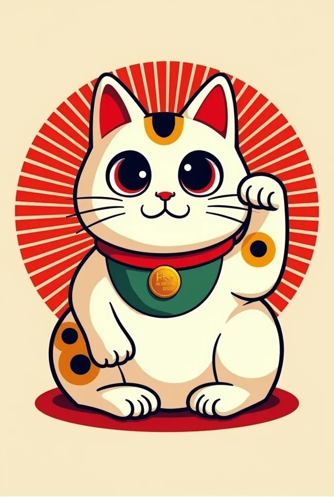 Design a graphic featuring the iconic Maneki Neko (lucky cat) with impressing big eyes,  the background composed of retro red lines . The design should have a clean, isolated focus on the cat and the background, with no distractions. The Maneki Neko should...