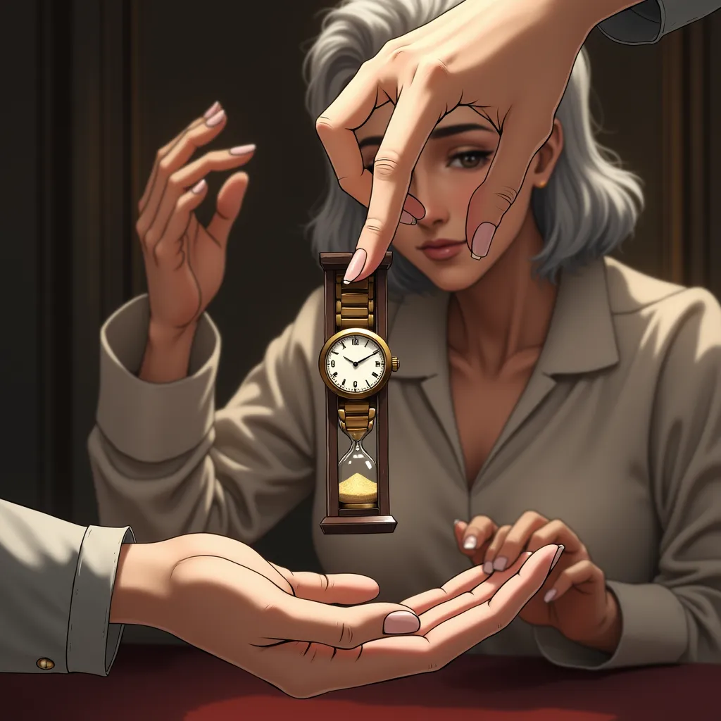 I want a luxurious picture from the anime and it is not true that a hand from the top gives an old watch to a hand underneath it. On the upper right side is a beautiful old woman. On the lower left side is a young woman who looks like an old man and is bea...