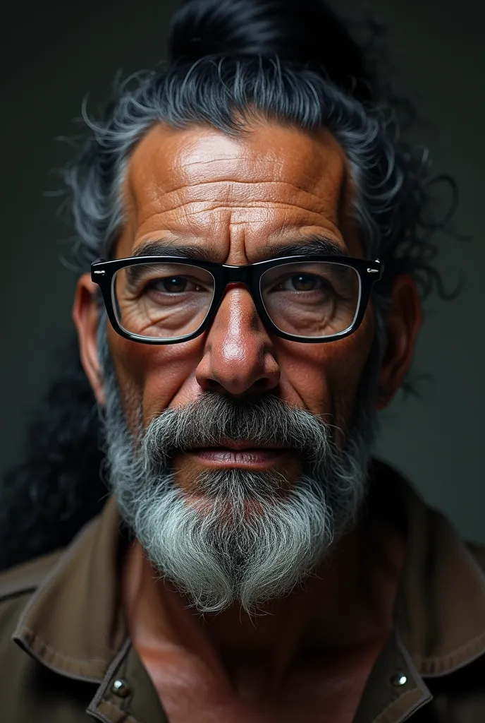 Brown man from Ceará eyeglasses with little black beard with gray parts hair tied in a bun 