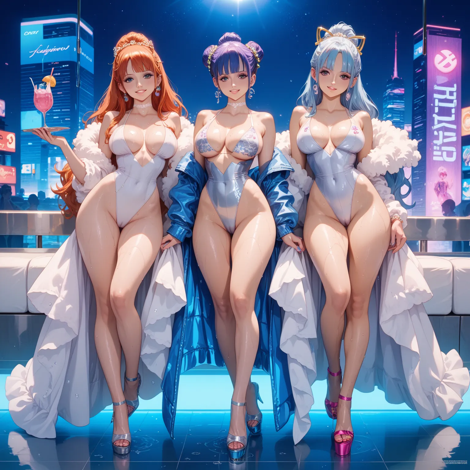 three beautiful women wearing tight white one piece swimsuits, long hair, sexy, perfect face, kpop idol, full body view, high tech neon futuristic cyberpunk rooftop, night time, extraordinarily beautiful, voluptuous, hourglass figure, narrow waist, sweaty,...