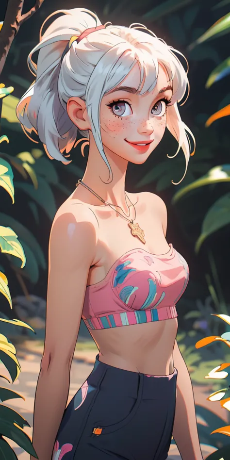 (masterpiece, best quality), 1girl, topless,breast, twin tails, looking at viewer, blurry foreground, upper body, necklace, contemporary, plain pants, ((intricate, print, pattern)), ponytail, freckles, white hair, dappled sunlight, smile, happy,