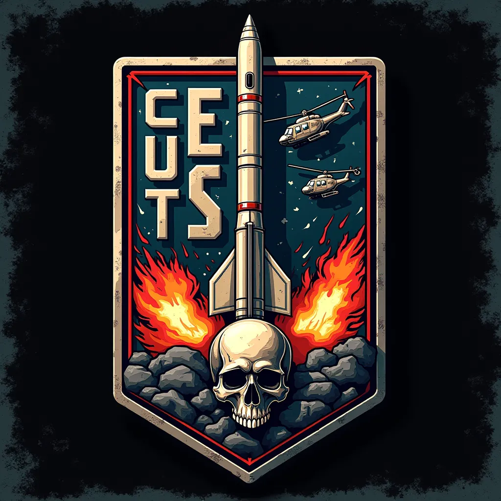 Create vector art, for rubberized patch, square, name CETUS, WITH A MISSILE IN THE MIDDLE, AN EXPLODING HELICOPTER AND A SKULL 