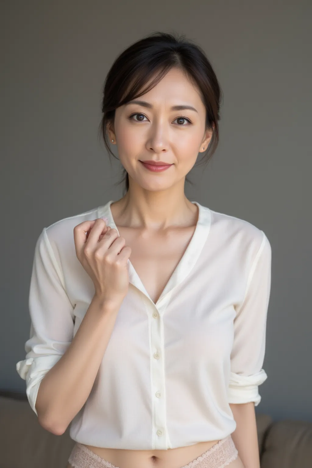 Full body photo of a graceful 48-year-old Japanese woman, Middle-aged appearance ,  front view、standing in the living room、white shirt、(light beige lace pattern string panties:1.5).  Fine laugh lines are engraved on her face ,  Applying lipstick to a natur...