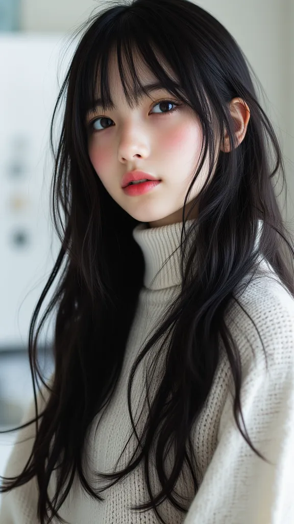 A very young Japanese person, Skin-toned turtleneck ,BIG BREAST on SNS,    black hair,long hair,  soft lips  ,  fine skin,(Glowing Skin with Bangs),(masterpiece:1.4),(best quality:1.4),white black,Full Shot,  Standing posture  , from before, front view