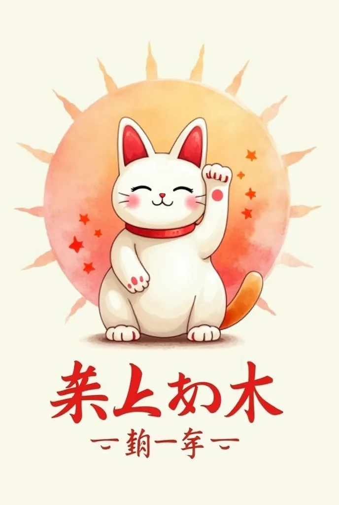 Watercolor Style: In this version, the Maneki Neko and sunray background are painted with soft, fluid watercolor strokes. The white, beige, and red tones should blend beautifully, giving the cat a gentle, dreamy appearance. The sunrays should subtly fade i...