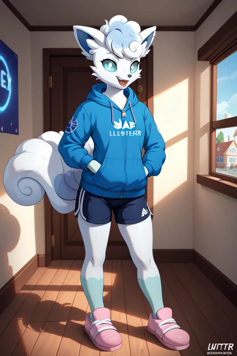 Furry, solo, anthropomorphic character, a regular anthro alolan vulpix, one blue glistening eye, neon eye, black eye sockets wuth no pupils, wearing white shirt, blue unzipped hoodie, black sport shorts, pink slippers, last coridor from undertale, [The Las...