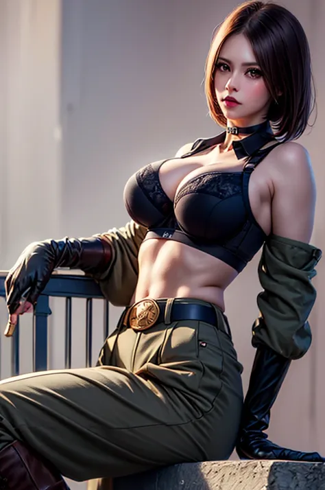 (Wearing Black bra), (Brown bob hair), Beautiful woman, military pants, solo, beautiful, detailed, realistic, large breasts, Brown eyes, makeup, lipstick, sexy, serious face, perfect, perfect body, belt, Long gloves, Brown hair, choker, half body, look at ...