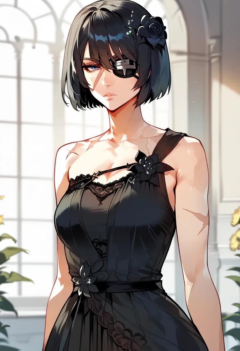 score_5_up,
1girl, solo, are shoulders, bob cut, dress, sleeveless, flower_hair_ornament, black flower, bow, collarbone, expressionless, black hair, eyepatch, grey eyes, scar_across_eye, black lace,