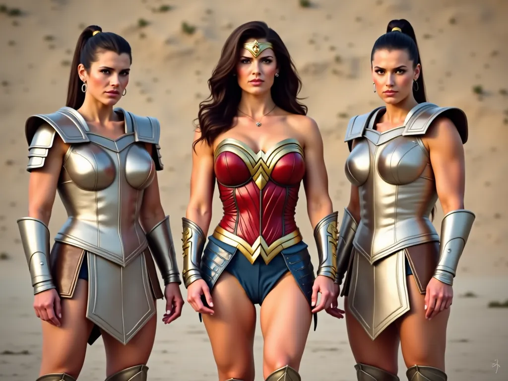 Real life. Photo shoot. Wonder Woman standing in the middle between two armored female Amazonian warriors. The Amazonian on the right is a mature woman. She has a dark hair in ponytail. The Amazonian on the left has a dark pixie hair cut. Wonder Woman has ...