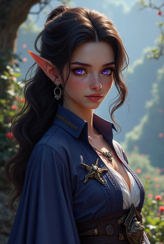 I want an RPG character with these characteristics: A half-elf bard, with dark brown hair, with heterochromia (a blue eye and a purple eye), a scar on the cheek and a small silver earring