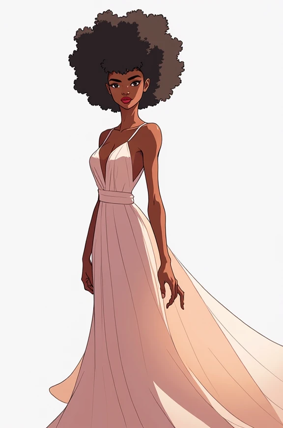 Afro woman without earrings, ( no jewelry ) Elegant dress that covers her entire body, From the front white background (anime)