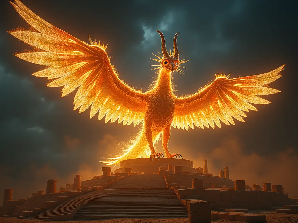 A surreal and otherworldly Simorgh, unlike any legend before, emerges over Persepolis in 600 BC. Its form is an uncanny fusion of organic and mystical energy—massive wings shaped like shifting fractals of iridescent fire, neither feathered nor solid, but c...