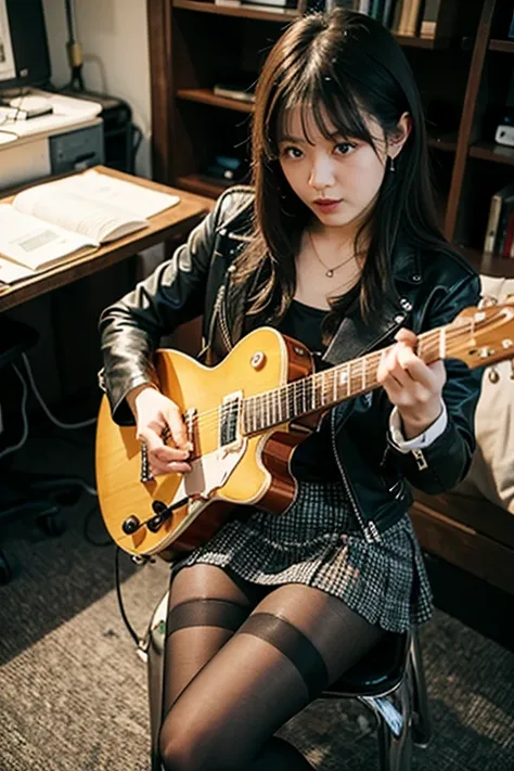 Live House Stage　A girl who likes rock、white Gretsch G6636T Players Ed Falcon Center Block Double-Cut guitarのギターを弾いている、Gold and Brown Mesh Long Hair、 has bangs、 serious expression、１７age、Leather Riders Jacket、I can see your chest、 wearing a skirt、 black tig...