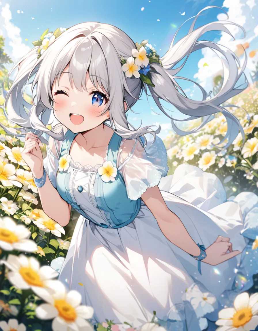 Long silver hair、 beautiful girl with a twin-tail hairstyle、Smiling and winking、Clear Sky Flower Garden、cute dress