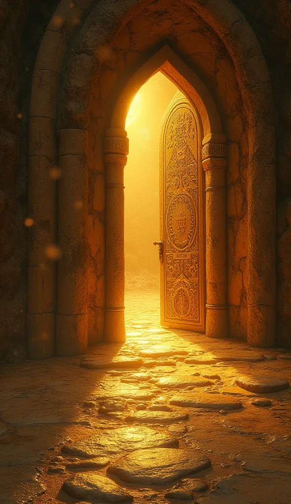 A symbolic and mystical image that represents 'The Bridal Chamber' described in the Gospel of Philip. The scene should show an ancient and heavenly door,  bathed in golden light , with symbols engraved on the stone that evoke spirituality and forbidden kno...