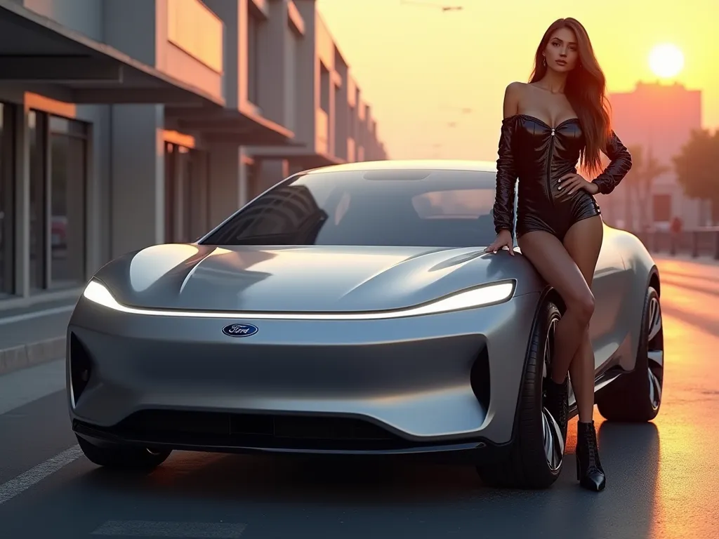 " Create a photorealistic 4K image of a beautiful woman standing confidently beside a 2025 Ford Pinto concept car.  This car 、Smooth  ,  Futuristic design with metallic silver paint and sharp LED headlights .  That woman has long, flowing hair , fashionabl...