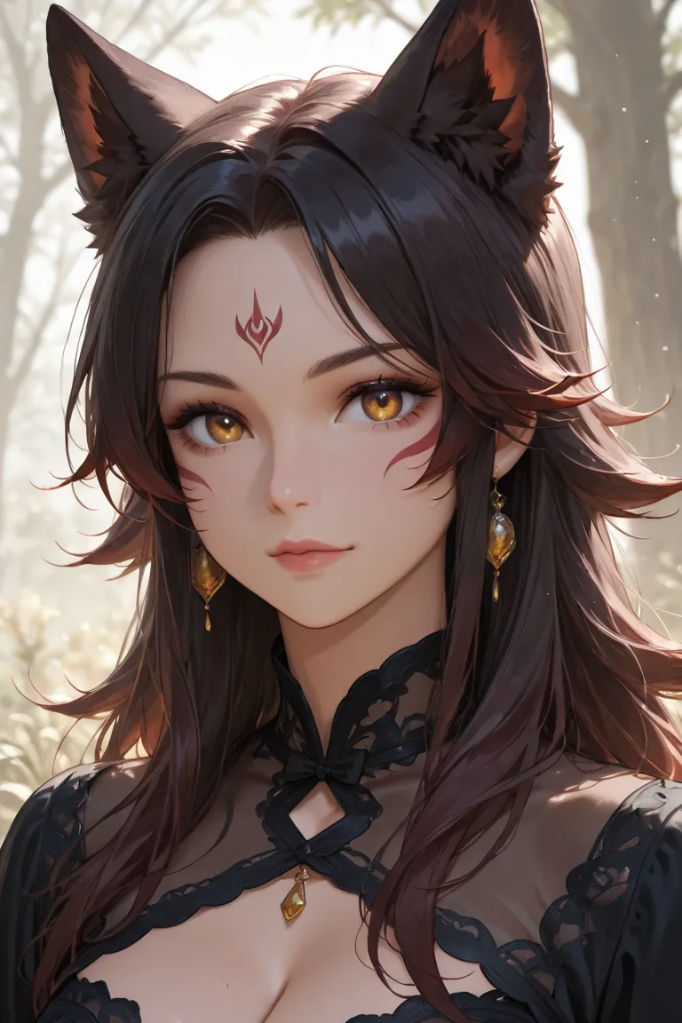 woman, 25 years , dark hair , wolf inspired features
