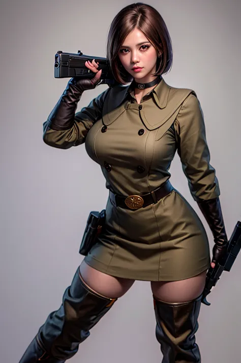 1woman, Black choker, long hair, Brown hair, Brown eyes, belt, Long gloves, Large breasts, Long boots, military uniform, parted Bangs, solo, standing, holding a detailed one gun, beautiful face, MASTERPIECE, highres, realistic detailed, beautiful body, sho...