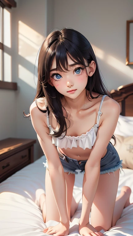 detailed face, cute face, ((masterpiece)), (Top Quality)))、1 person、girls, full body,  black hair, Eyes Hair, beautiful eyes, princess cut,is young、small、  Environmental Change Scene, denim shorts, Shyness、shy、ashamed、 Excited、girls,  Lolita, ( masterpiece...