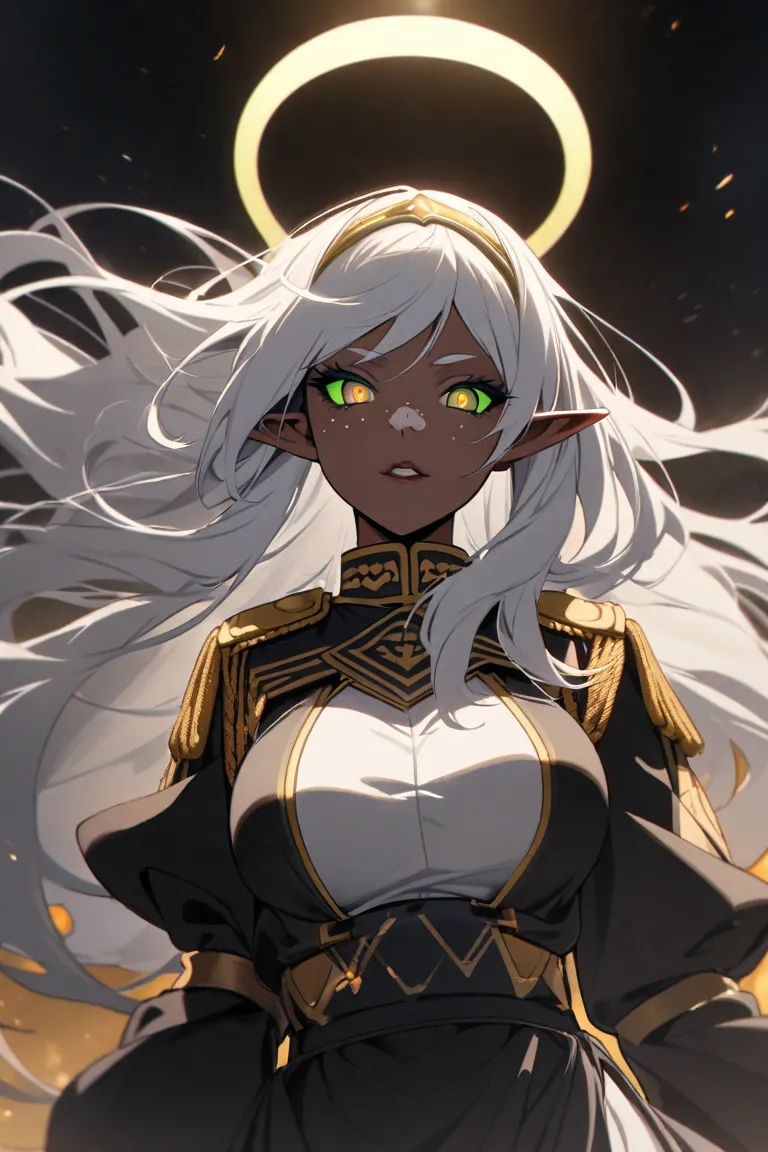 Elf, dark skin, white nose, white freckles face, long eyelashes, makeup, white lips, colored sclera, black pupils, white hair, long hair, halo, glowing halo,, large breasts, puffy sleeves, black  dress, long slevees, long skirt arabian general Military uni...