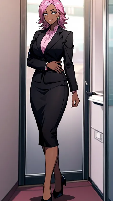 Evil Black skinned business woman in a black skirt suit , pink blouse , and pink hair 
Full body 