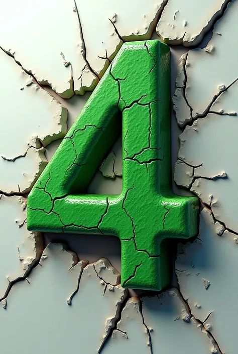 The number 4 in green color and turtle effect in ultra realistic 3D coming out of a wall that cracks and explodes