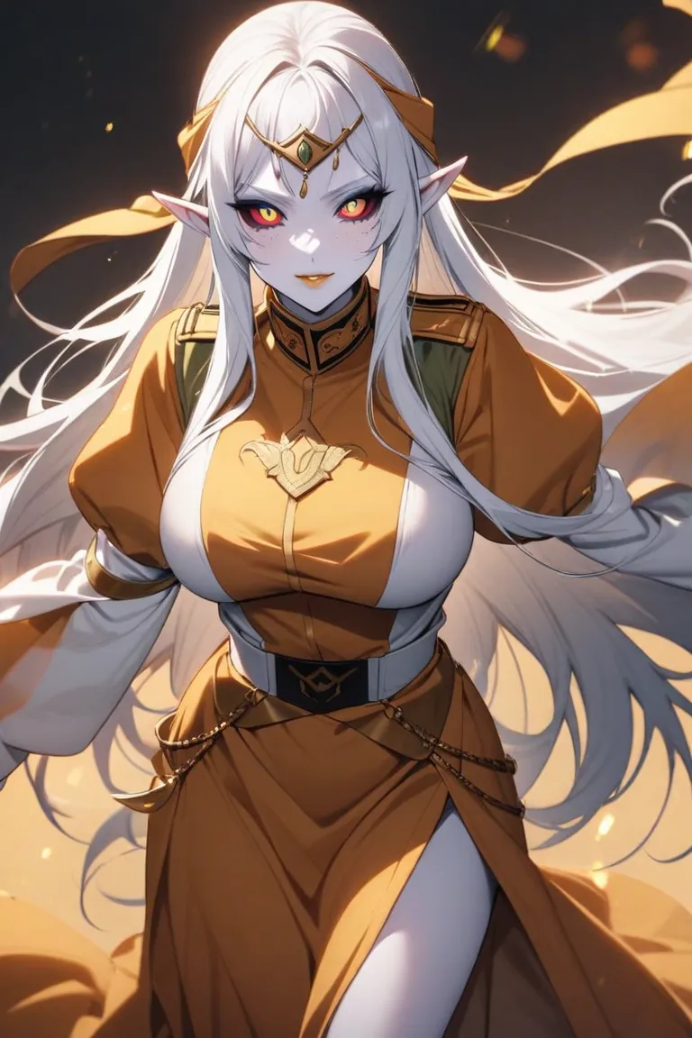 Elf, white skin, white freckles face, long eyelashes, makeup, white lips, colored sclera, black pupils, white hair, long hair, large breasts, puffy sleeves, long slevees, long skirt arabian general Military uniform