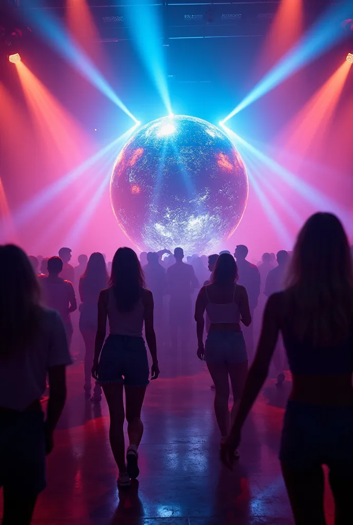 A vibrant clubbing scene with a large illuminated mirrored globe in the center of the dance floor. The environment is filled with colored neon lights in shades of blue, rosa, purple and orange, creating dynamic effects in the air. Silhouettes of dancing pe...