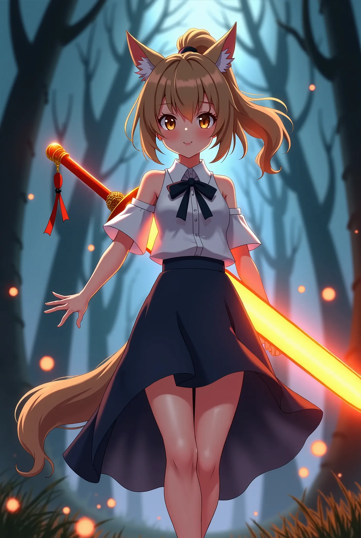 Anime, 18-year-old, female, light blush, petite, small wolf ears, small tail, (((caramel wavy hair))), high ponytail, golden eyes, bangs, hour glass body figure, small breasts, black bow, long dark blue skirt, white shoulder-less blouse, toned thighs, shor...