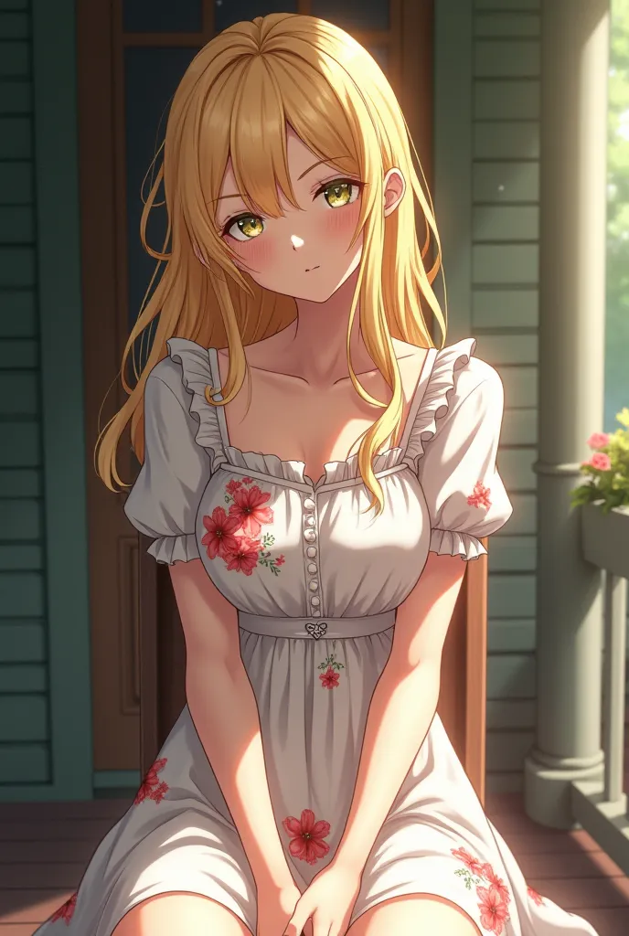  A blond woman from , to hide, Similar to Laladina from Konosuba human version white dress with red flowers, sitting on a chair on the porch of a house, photograph , portrait,Realistic, detailed,high detail,natural lighting,vivid colors,sharp focus,Depth o...