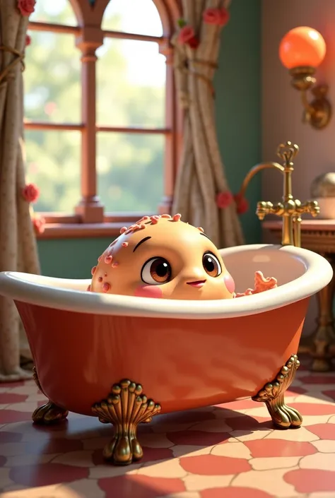 Create an image of a brown-eyed boba in a fairytale bath in a bathtub. It's supposed to be in a fairytale Disney style 