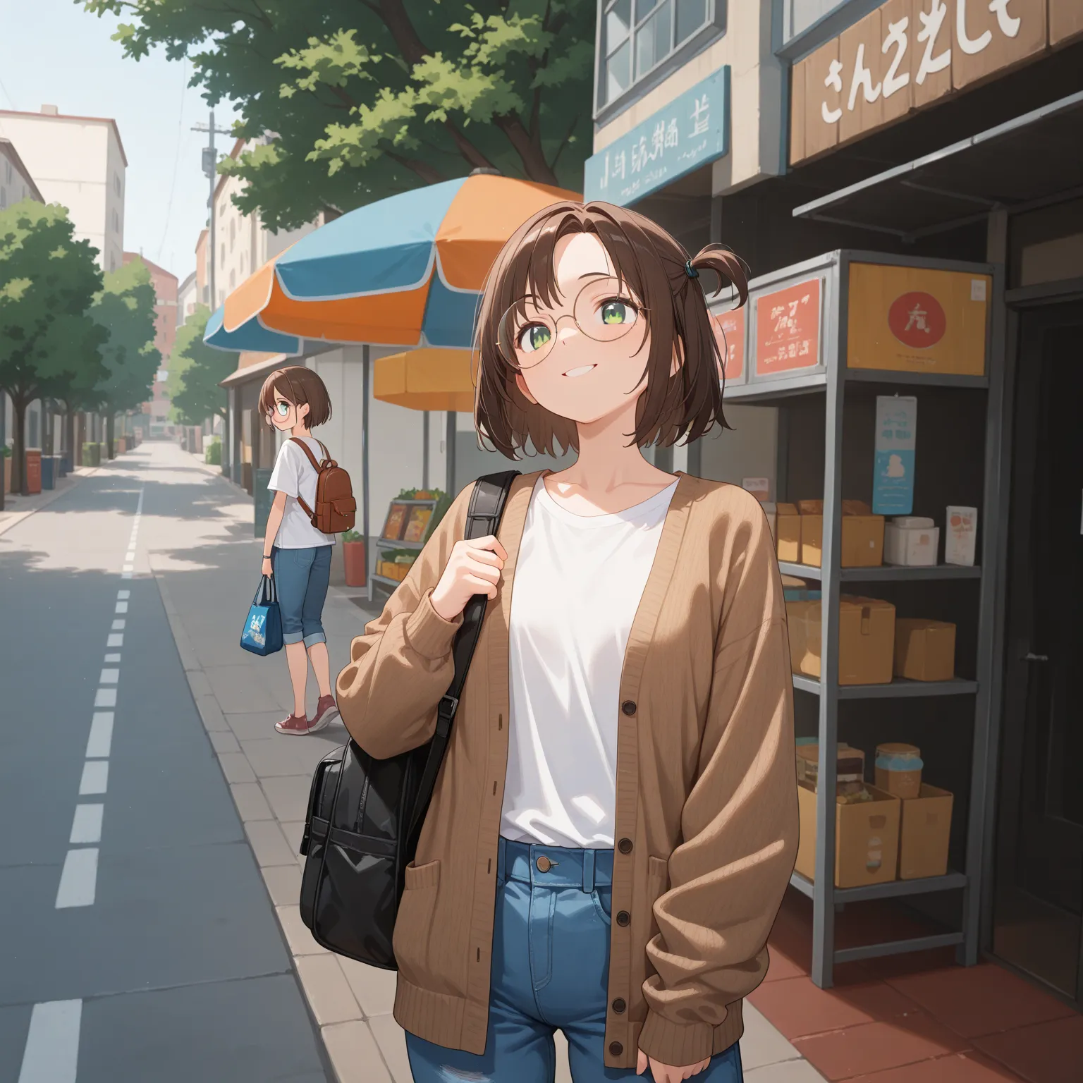 masterpiece, best quality, highres, 2d, anime, 1girl, short hair, one side up, solo, flat breasts ,brown hair, green eyes, white t-shirt, brown cardigan, denim panfs, cowboy shot, smile,standing,  outdoor, day, holding bag, wearing glasses, round glasses f...