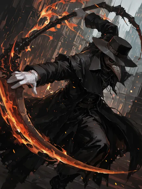 ultra-detailed illustration of 1boy in black coat, solo, plague doctor, hat, mask, gothic, action pose, dynamic pose, holding a fiery scythe, white gloves, dutch angle, exaggerated perspective, watercolor, in fantasy gothic city, masterpiece, best quality,...