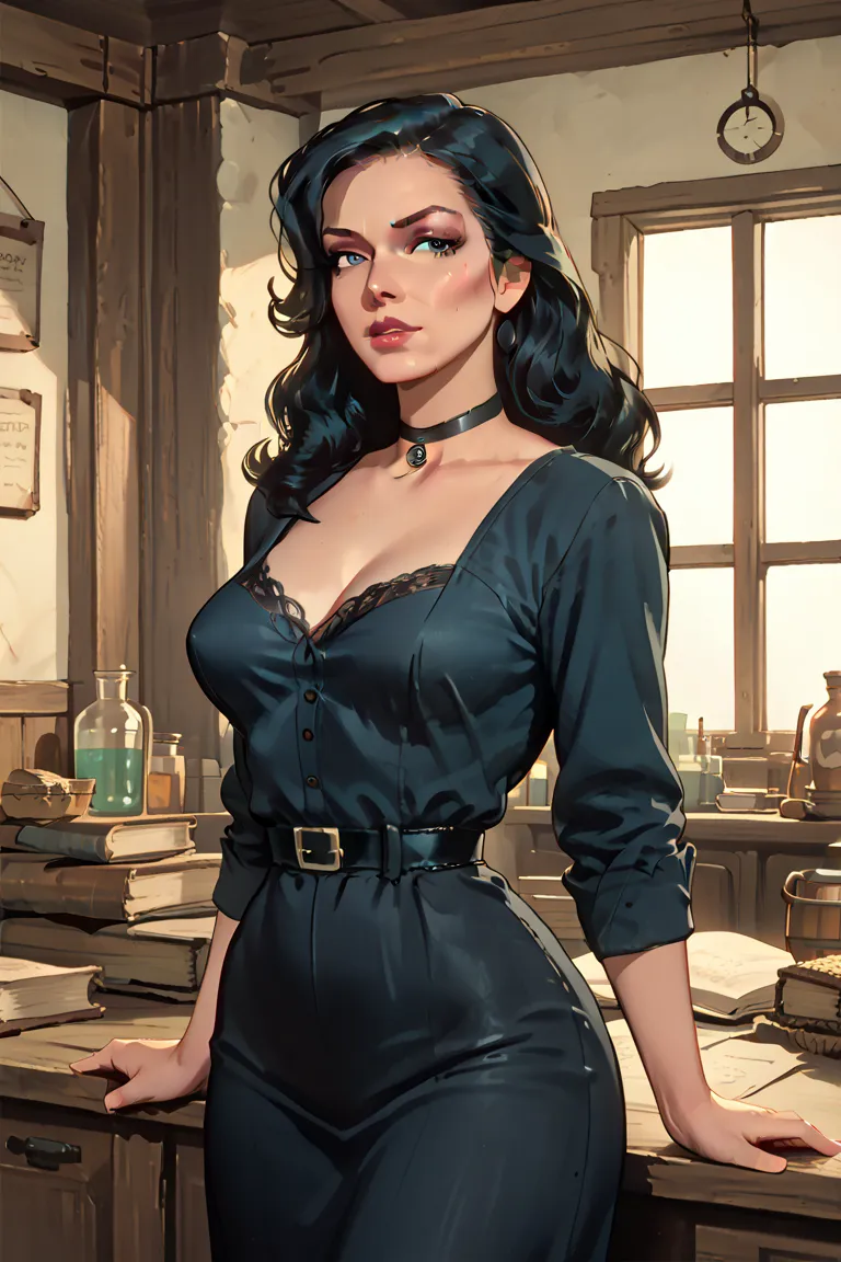 score_9, score_8_up, score_7_up, score_6_up,  decarloxl, retro colors, 60s, 1girl, solo, yennefer from the Witcher, indoors,Medieval lab, mage lab, yennefer of vendeberg, black clothes