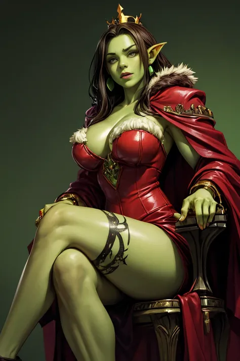 orc queen, female orc, queen of orcs, young, chubby, fearsome, (sitting on the throne), overweight, dark hair, ((green skin)), skin imperfections, detailed eyes, big saggy breasts, sharp Focus, ultra high quality, crazy details, intricate pose, (wearing ro...