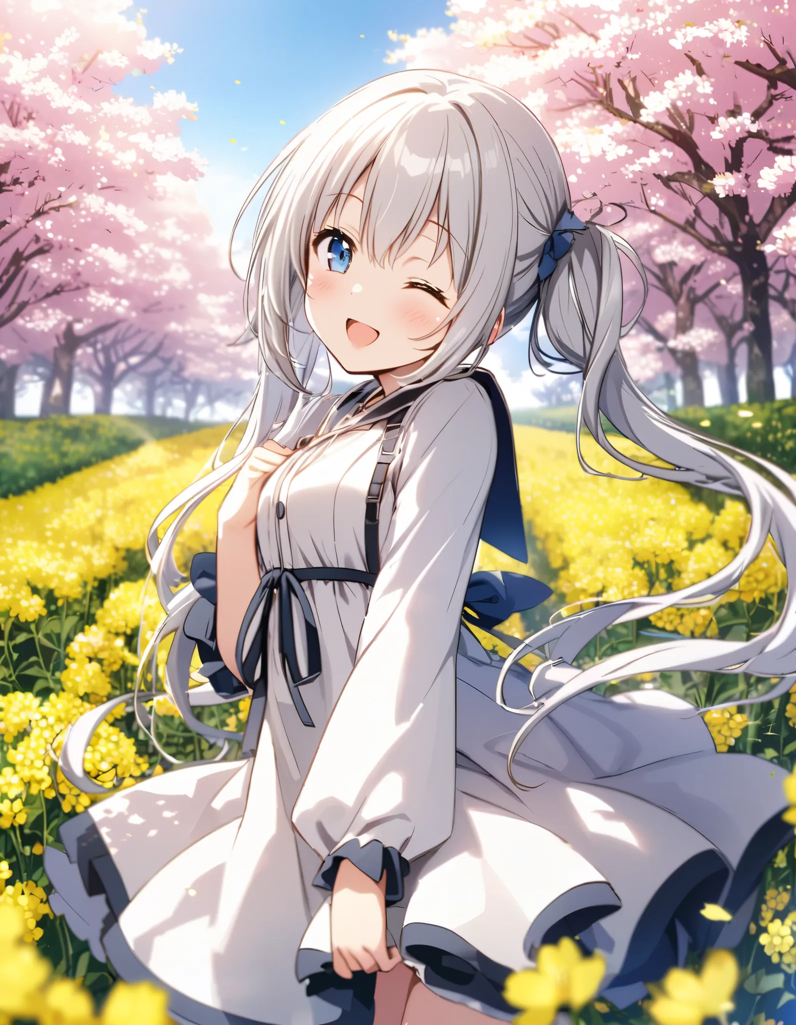 Long silver hair、 beautiful girl with a twin-tail hairstyle、Smiling and winking、Clear sky rapeseed flower field、Cherry blossom trees、 Sakurabuki、blue lolidress、