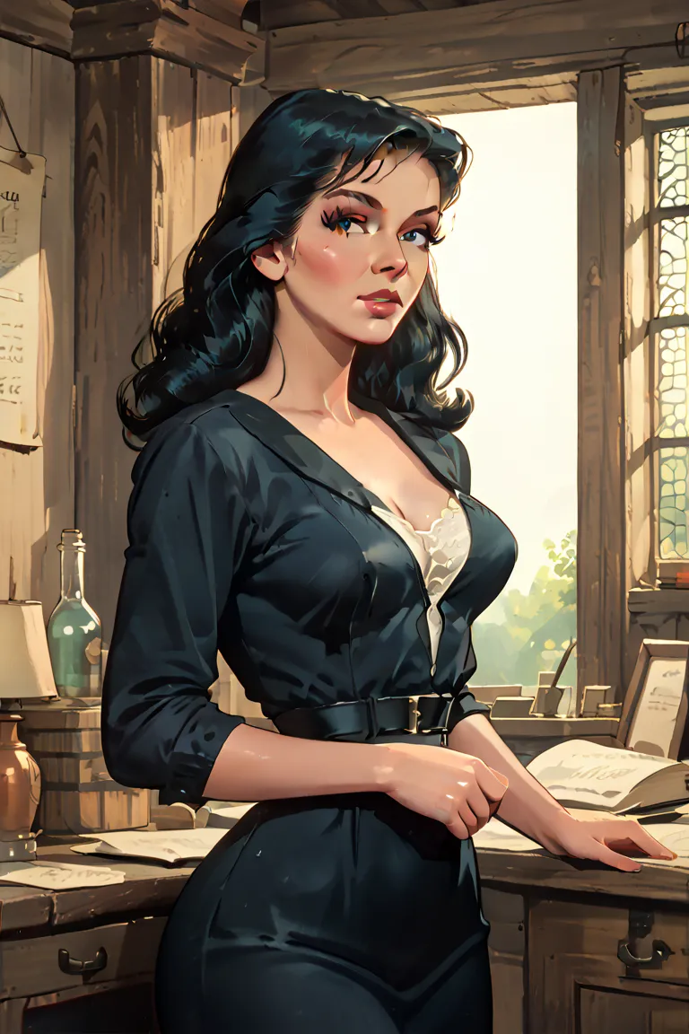 score_9, score_8_up, score_7_up, score_6_up,  decarloxl, retro colors, 60s, 1girl, solo, yennefer from the Witcher, indoors,Medieval lab, mage lab, yennefer of vendeberg, black clothes