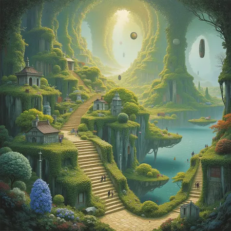 surreal, Floating City, infinite stairs that spread in the air, space without gravity, foliage plants float in the air, the door doesn't lead anywhere, don't fall even if you fall, Optical illusion, The gap between dreams and reality, Add Dali wind