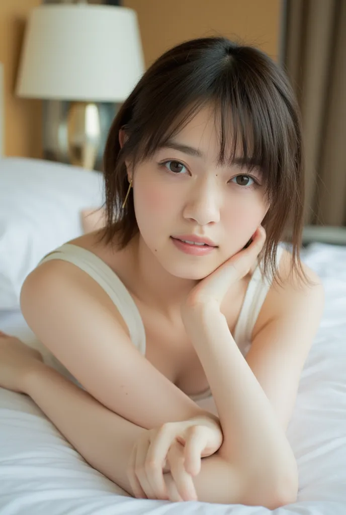 (Masterpiece, Best quality:1.4), (Ultra realistic, Photo-realistic:1.3), (nsfw:1.4), (nude:1.8), (medium breasts), Natural light, 20 years old actor, Japanese woman, Neat and clean, (Short wavy hair:1.1), ponytail, (Beautiful face), Oval face, clear, Beaut...