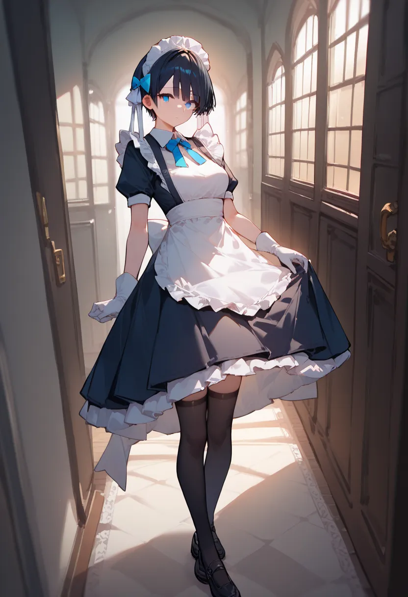 score_9, score_8_up, score_7_up, score_6_up,  source_anime, 1 girl, Alone,  PMMly ,   black hair, short hair, blue eyes, hair bow, white ribbon, Maid of Destiny, maid headdress,  maid apron, Bride Gloves , black thigh high socks, corridor,  Looking At You,...